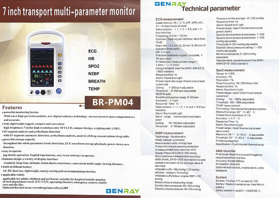Surgical 7 inch Transport Multi-Parameter Monitor Portable Patient Monitor